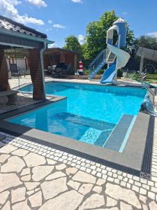 ein Schwimmbecken mit Rutsche im Garten in der Unterkunft Pooloase in Colbitz
