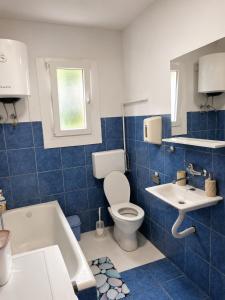 a blue and white bathroom with a toilet and a sink at Apartman Stefan in Kotor