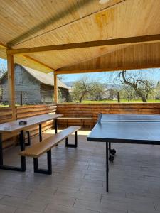 a ping pong table and benches in a pavilion at Beauty House in Mykulychyn