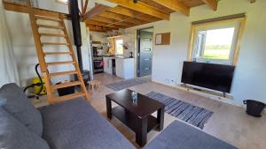 a living room with a couch and a flat screen tv at Peeduland Cabin in Kohatu