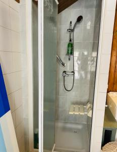 a shower with a glass door in a bathroom at CHEZ LOU - Grand espace cosy 60 m2 entrée indépendante dans maison privée au calme in Bucey-lès-Gy
