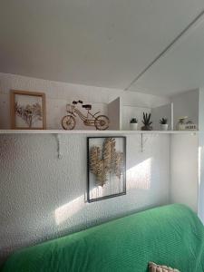 a bedroom with a green bed and a bike on the wall at La plume d'or in Saint-Étienne +22 photos