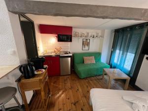 a small kitchen with a green couch in a room at La plume d'or in Saint-Étienne