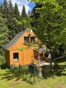 a small wooden house in a field with trees at Ferienhaus in Finsterbergen in Friedrichroda