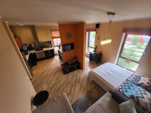 a living room with a bed and a kitchen at SolarisStudioApartments near the Airport in Riga