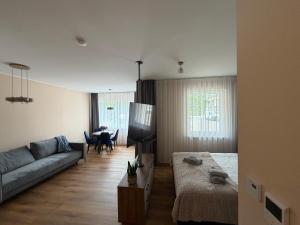 a living room with a couch and a tv in it at MG Apartament City Park in Szczecinek