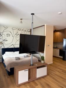 a living room with a television on a bed at MG Apartament City Park in Szczecinek
