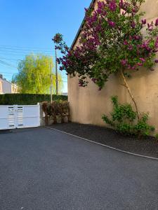 a building with a fence and a bush with pink flowers at La maison de Victoire in Fourmies