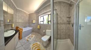 a bathroom with a shower and a toilet and a sink at Sea side cottage in Stilbaai