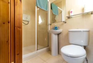 a bathroom with a toilet and a shower and a sink at Stonechat Cottage - Portmagee in Portmagee +11 photos