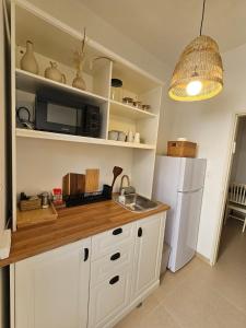 a kitchen with a sink and a white refrigerator at פינה בשדה in Sede Naẖum