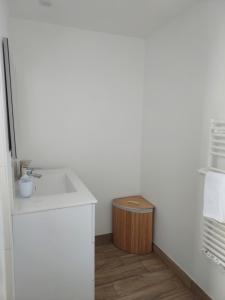 a bathroom with a sink and a wooden trashcan at Garde barrières N 22 in Cholet