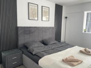 a bedroom with a bed and two pictures on the wall at Cristal Residence in Zalău