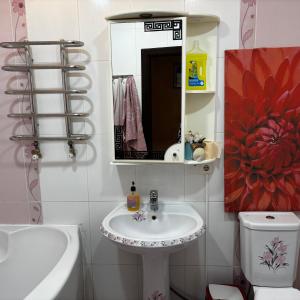 a bathroom with a sink and a mirror and a toilet at Two bedroom in Park Zone in Kamianets-Podilskyi