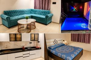 a living room with a blue couch and a table at Vista Royal 2BHK With Private Pool in Igatpuri +2 photos