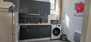 a kitchen with a washing machine and a sink at Appartement près des Grands Buffets climatisé in Narbonne +5 photos