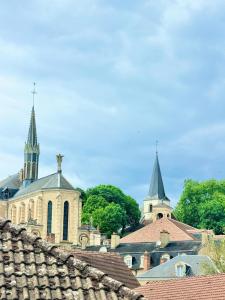 a church with two towers on top of roofs at La Petite Maison in Montbard