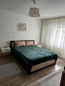 a bedroom with a bed with a green comforter at Dragasani Cozy Apartament in Drăgăşani