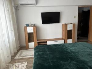 a bedroom with a flat screen tv on a wall at Dragasani Cozy Apartament in Drăgăşani