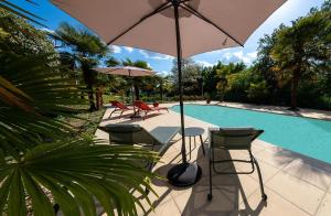 a patio with an umbrella and chairs and a pool at Maison du Pech in Carlux