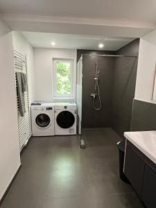 a bathroom with a washing machine and a shower at Ferienwohnung in der Langenau in Lichtenfels