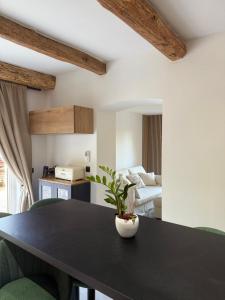 a dining room with a black table and a couch at Maison de l'olivier in Taradeau