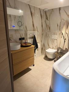 a bathroom with a sink and a toilet at Maison de l'olivier in Taradeau