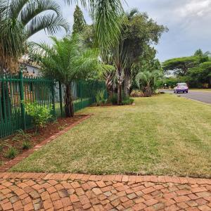 a yard with palm trees and a car on a street at Cozy & Modern Apartment -Self Catering in Pretoria
