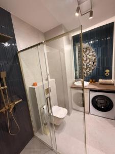 a bathroom with a shower and a toilet at COSMO Premium Park Chorzów, Parking, f-VAT klimatyzacja in Chorzów