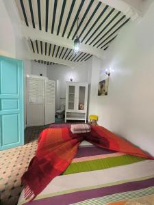 a bedroom with a large bed with a colorful blanket at Riad darkoum in Essaouira +7 photos