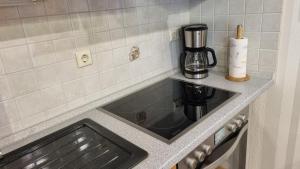 a kitchen counter with a sink and a coffee maker at Ferienwohnung Sonnenblick in Bischofswerda +35 photos