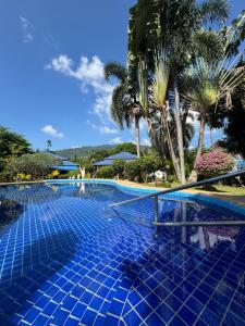 a blue tile swimming pool with palm trees in the background at Blue Privacy Resort in Nathon Bay