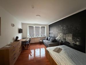 a bedroom with a bed and a couch and a desk at ApartmentsByMatyrafa-XVI in Tarnowskie Góry