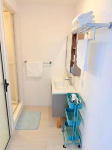 ein kleines Badezimmer mit Waschbecken und einem blauen Wagen in der Unterkunft MUTSUMI Hotel in Saga + 12 Fotos