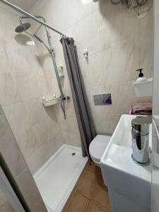 a bathroom with a shower and a toilet and a sink at Cici Guesthouse in Caminha +4 photos