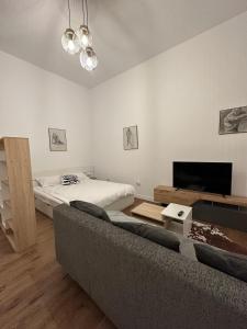 a living room with a couch and a bed at Cismigiu Apartments in Bucharest