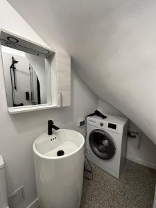 a bathroom with a sink and a washing machine at Cismigiu Apartments in Bucharest +167 photos
