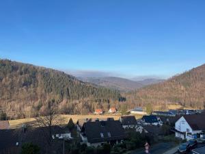 a small town with houses and mountains in the background at Teufelsberg Panorama mit Sauna und Bergblick in Langelsheim