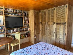 a bedroom with wooden walls and a television and book shelves at Chambre 1 bord de rivière in Damvix