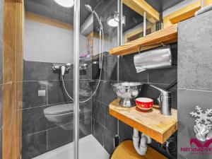 a bathroom with a shower and a mixer on a table at Charmant chalet authentique de montagne Bleusy- Nendaz idéal couple et famille in Saclentse +14 photos