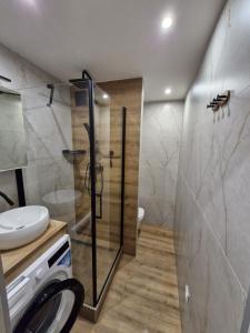 a bathroom with a shower and a toilet and a sink at Apartmán Grand in Partizánske +4 photos