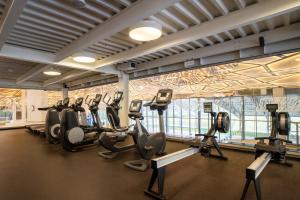 a gym with rows of treadmills and exercise bikes at Rezort Gothal Apartmány a Penzióny in Donovaly