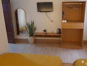 a living room with a tv and a mirror at Mùi Oanh Homestay sát biển in Sầm Sơn