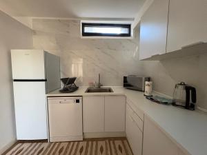 a white kitchen with a sink and a refrigerator at RIVER VIEW TMB oporto station house in Porto