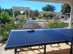 a blue ping pong table in the middle of a garden at Trullo del Sol in Ceglie Messapica