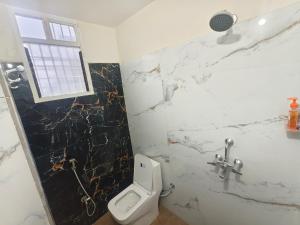 a bathroom with a white toilet and a marble wall at Hotel Blue Neck in Patna