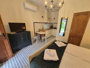 a room with a bed and a table and a television at Annushka Apartman in Sarud