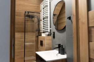 a bathroom with a shower and a sink and a mirror at Słoneczna 49 in Miedziana Góra +76 photos