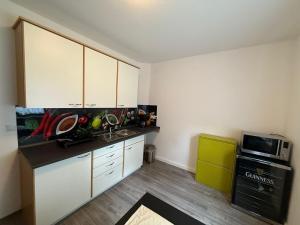 a kitchen with white cabinets and a microwave at Gästeunterkunft Am Hirschbach in Hirschbach