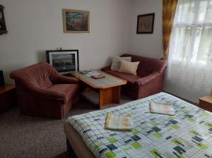 a room with a bed and a couch and a table at Chalupa Na Křemence in Třinec